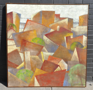 Lot 83 - Ian Holt (1973 - ) Large Framed Oil Painting on Canvas - Rooftops - Sig