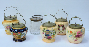 Lot 96 - 6 x Vintage Biscuit Barrells incl Victorian - some with hand painted hi