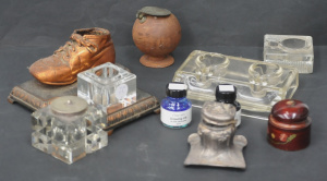 Lot 97 - Lot of 7 vintage & antique ink wells, incl cast iron cannon ball ty