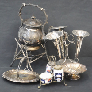 Lot 101 - Group lot of silver plate, incl Drummond & Co stemmed dish, Walker