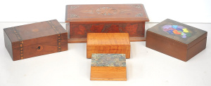 Lot 108 - Group of 5 timber boxes, incl fiddleback maple, inlaid, carved, shell,