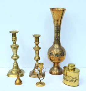 Lot 109 - Group lot of brass, incl JS&S canteen, Indian vase, 3 candlesticks