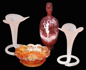 Lot 151 - Group lot of Glass inc Mary Gregory vase depicting boy blowing bubbles