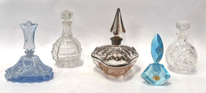 Lot 155 - 5 x Vintage glass perfume bottles incl blue, silver overlay patterned