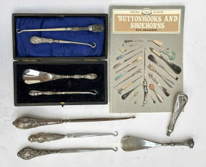 Lot 174 - 9 x Pces C1910 Sterling silver Button hooks, shoe horns incl Boxed set