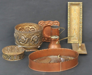 Lot 183 - Group lot of brass & copper, incl copper float vase, copper measur