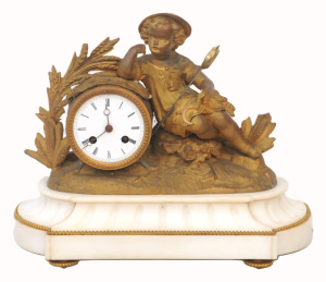 Lot 188 - Vintage Alabaster & Spelter Figural Mantel clock - Girl leaning on