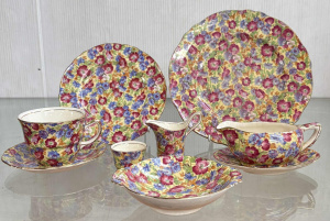 Lot 193 - 9 x Pcs Royal Winton 'Royalty' cottage chintz - Trio, sauce boat with
