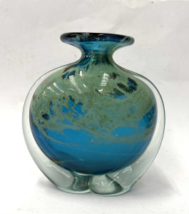 Lot 214 - Vintage Mdina blue patterned Art Glass vase with flared neck & cle