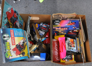 2 x Boxes of Assorted Vintage Toys & packaging incl Scalectrix PitStop Crew,