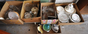 5 x Boxes of Mixed lass & Ceramics incl Coloured Glass, Plates, Cake Stands