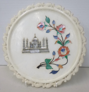 Indian Pietra Dura Style Marble Trivet with image of The Taj Mahal & Roses,