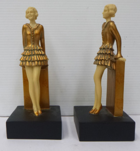 Pair of Josef Lorenzl Art Deco Style Resin Bookends featuring an elegant lady,