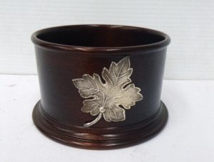 Vintage Cedar Wood Wine Bottle Coaster with applied Silver Grape Vine Leaf, appr