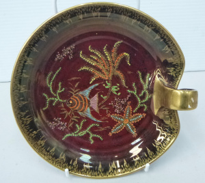 Vintage Crown Devon Rouge serving dish with finger handle and enamel and Gilt Un