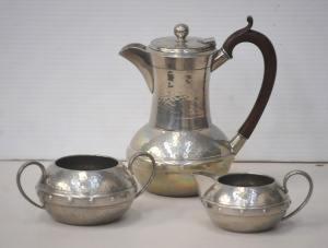 Vintage English Arts & Crafts Walker & Co Pewter 3 piece Tea Set - Hand