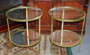 Lot 3 - Pair of Modernist Gilded Metal Side Tables w Glass Tops & Mirrored B