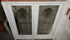 Lot 22 - Art Nouveau double leadlight window 141cm H, 131cm W
