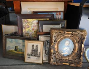 Lot 55 - Group Lot Assorted Pictures & Prints incl Gilt Framed Portrait of