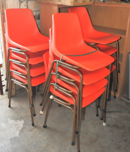 Lot 56 - 12 x Vintage Namco Branded 1970s Orange Plastic Stackable Chairs w Meta