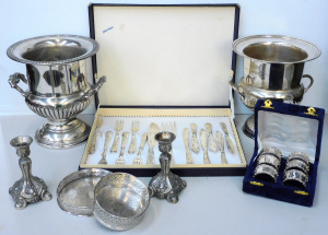 Lot 80 - Group lot EPNS inc 2 x Wine Buckets, Boxed set of 6 Napkin rings, Pair