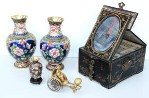 Lot 133 - Group lot of Oriental items inc Pair Cloisonne Vases 20 5cm H, Small