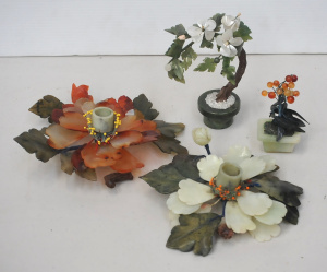 Lot 134 - 4 pces Vintage Jadeite & Carnelian Stone inc 2 x Candle Holders, B