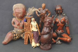 Lot 137 - Group lot of Figures inc Signed Crocodile God, Seated Pottery figure,