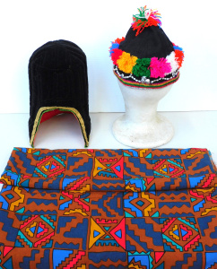 Lot 144 - Group lot inc 2 x Tribal Hats and approx 4 metres Acrylana retro style