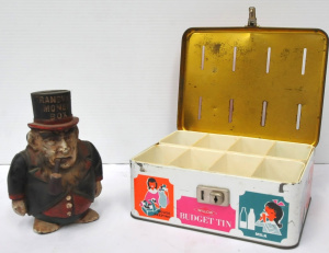 Lot 153 - 2 x Vintage Money Box incl Metal Transvaal Money Box & Willow Budg