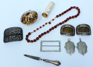 Lot 166 - Grp - vintage Paris snake skin shoes buckles, dress buckles, shell pur