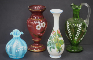 Lot 216 - 4 pces Victorian Hand painted Glass inc Pale Blue Bulbous with fluted