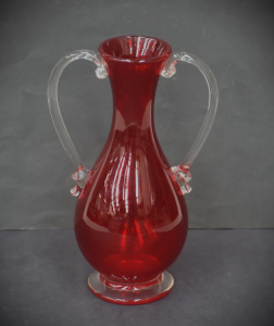 Lot 226 - Vintage Whitefriars Ruby glass Twin Handled Vase - clear pedestal base