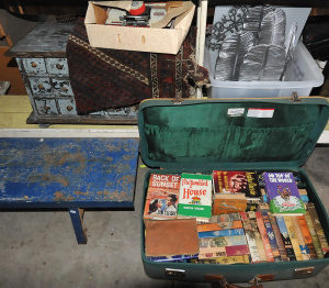 Group Lot of mixed Items incl Middle Eastern Style Rug, Assorted Books, Tin Toy
