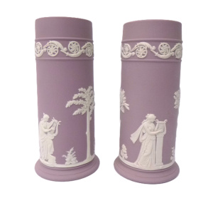 Pair of Wedgwood Jasperware Cylinder Vases, white on lilac classical scene of la