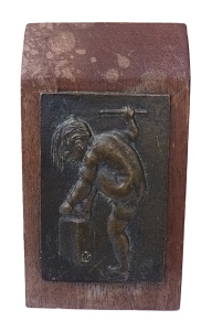 Vintage Small Wooden Mounted Bronze Plaque a featuring a boy, artist's initial s