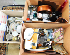 Lot 13 - 3 x Lage Boxes Mixed inc China,, Wooden & Metal items, Kitchenware, Lot 13 - 3 x Lage Boxes Mixed inc China,, Wooden & Metal items, Kitchenware,