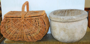 Lot 26 - 2 x pieces Large Natural Turned Wooden Planter & woven Cane Picnic Lot 26 - 2 x pieces Large Natural Turned Wooden Planter & woven Cane Picnic