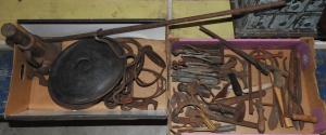 Lot 45 - 2 x boxes - Old Tools, Rusty metal items & other - saws, wrenches,