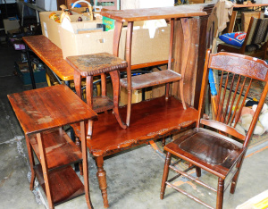 Lot 51 - Group Lot of Occasional Furniture inc Emu Back Chair, Carved Side Table Lot 51 - Group Lot of Occasional Furniture inc Emu Back Chair, Carved Side Table