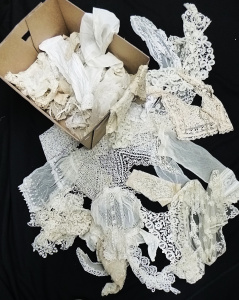 Lot 68 - Box Lot of mostly Victorian crochet, embroidered netting and other dres