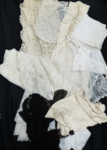 Lot 74 - Box lot of Vintage inc, Victorian lace and netting, shawls and scarves,