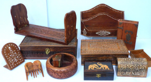 Lot 76 - Group lot vintage Indian carved Teak items inc Jewellery boxes, Letter