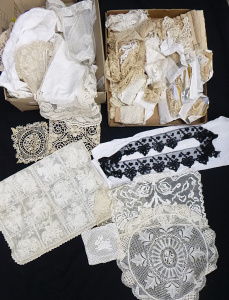 Lot 84 - 2 x Boxes of Victorian and later napery and trims inc crochet and other