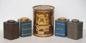 Lot 94 - Group lot of Vintage Tins inc Pair of embossed Robur Tea tins, a large Lot 94 - Group lot of Vintage Tins inc Pair of embossed Robur Tea tins, a large
