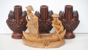 Lot 141 - Carved and Woven Oriental Items Including Carved Blond Wood Fishermen