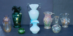 Lot 145 - Large Group Victorian Hand painted Glass inc Frosted Pink Jug with Lil