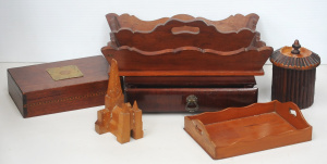 Lot 150 - Lot of vintage wooden items including a fiddleback mahogany desktop dr