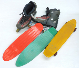 Lot 153 - 3 Retro Short Deck Skateboard Decks, one with Trucks and Wheels, and a Lot 153 - 3 Retro Short Deck Skateboard Decks, one with Trucks and Wheels, and a