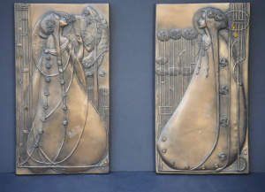 Lot 161 - Pair Art Nouveau style bronzed Resin Panels featuring stylised Women &